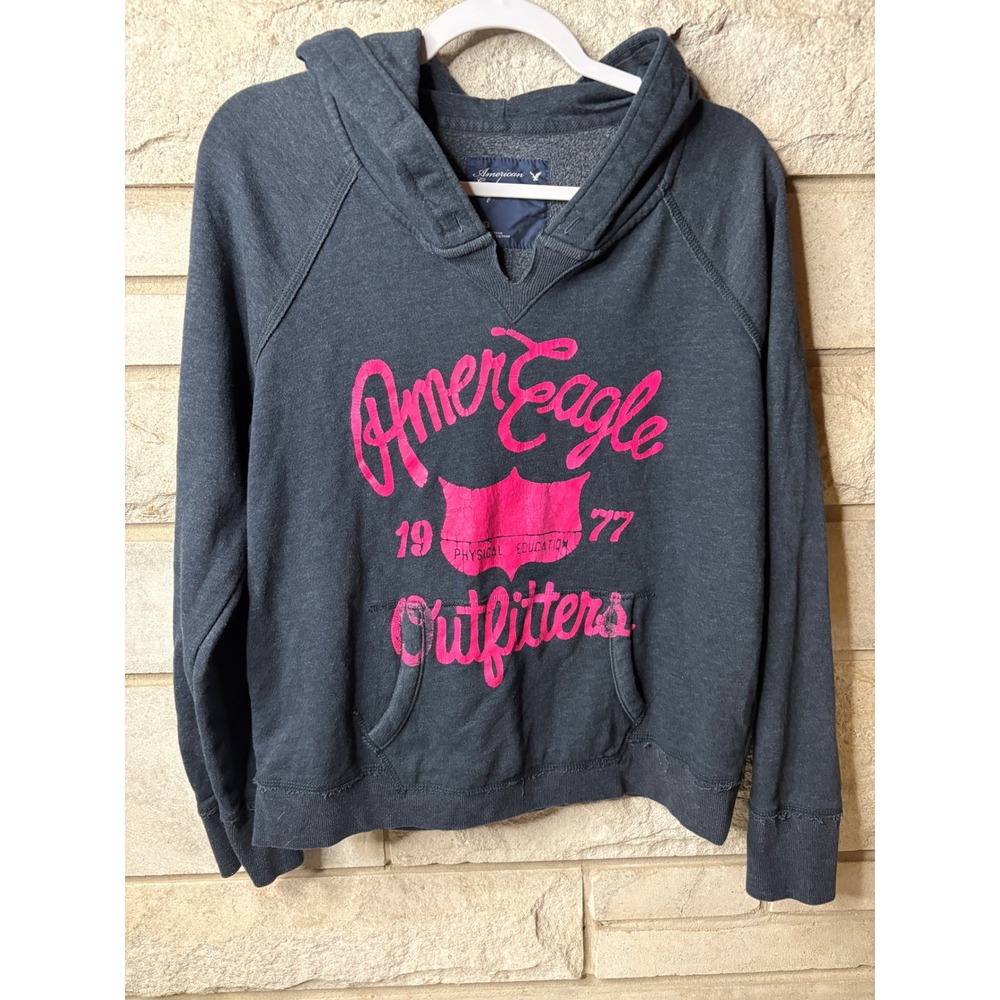 American Eagle Outfitters Womens Gray Pink Graphic Hoodie Sweatshirt‎ Large 0521
